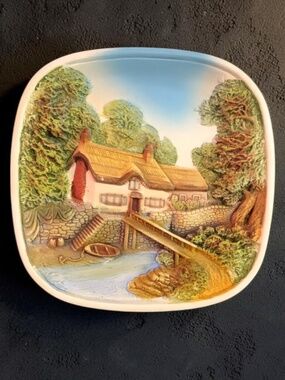 Vintage 3D Chalkware English Village and Cottage Plaques Set of 2